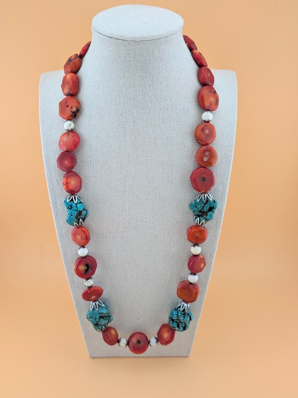 NWT Chunky Red Coral & Turquoise Beaded Southwestern Boho Statement Necklace - Picture 2 of 9